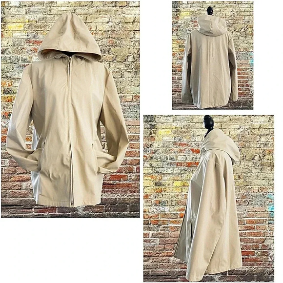 Vintage Waterproof Hoodie Rain Minimalist Modern Chic Classic Tan Jacket Large - Picture 1 of 4